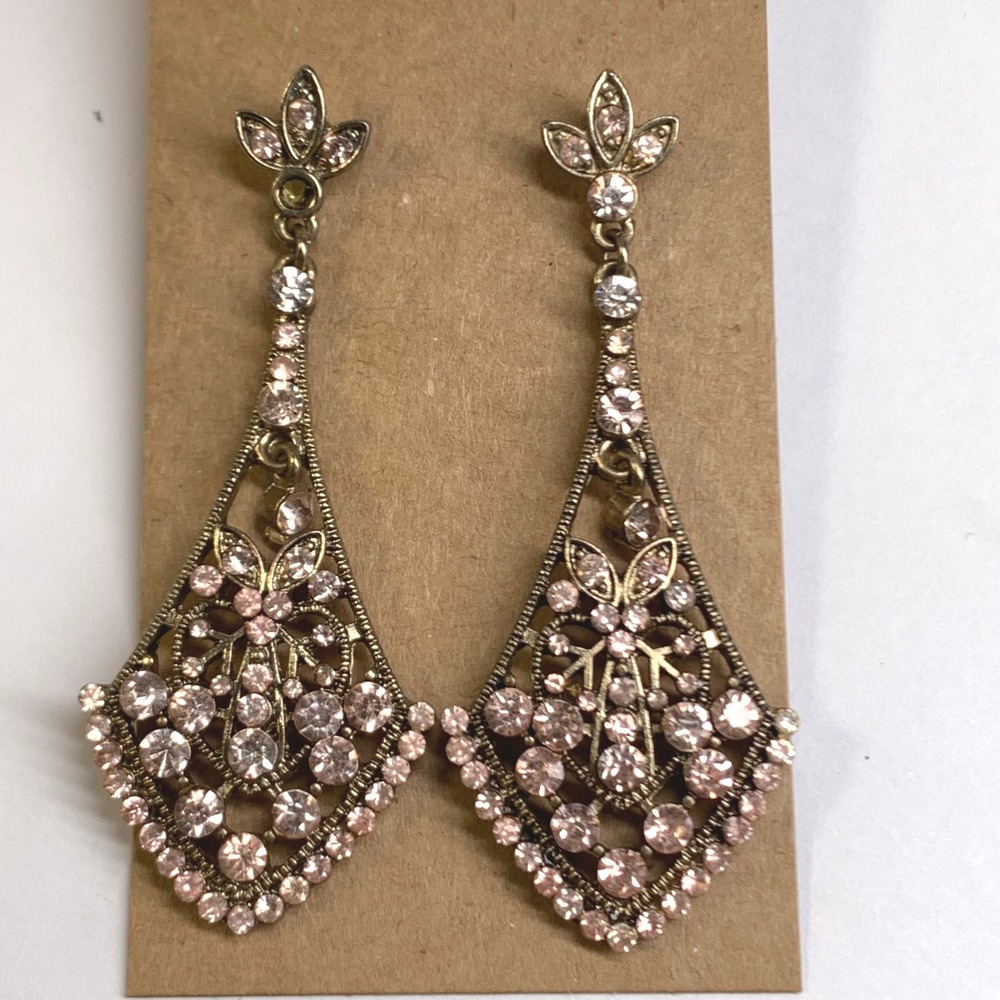 Rhinestone Chandelier Statement Earrings Pink Crystal Vintage Style Dangle